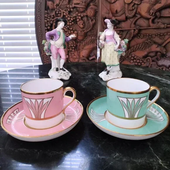 1941 Copeland Spode Custom Made Porcelain Demi-Tasse Pink Green Tea Set - Picture 3 of 16